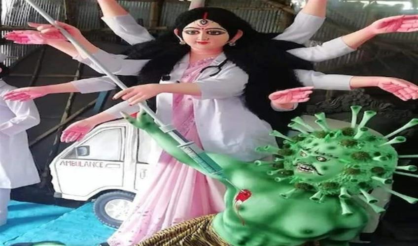 Khabar East:Mother-Durga-slaying-Coronasur-in-a-doctors-costume-in-a-metropolitan-pandal